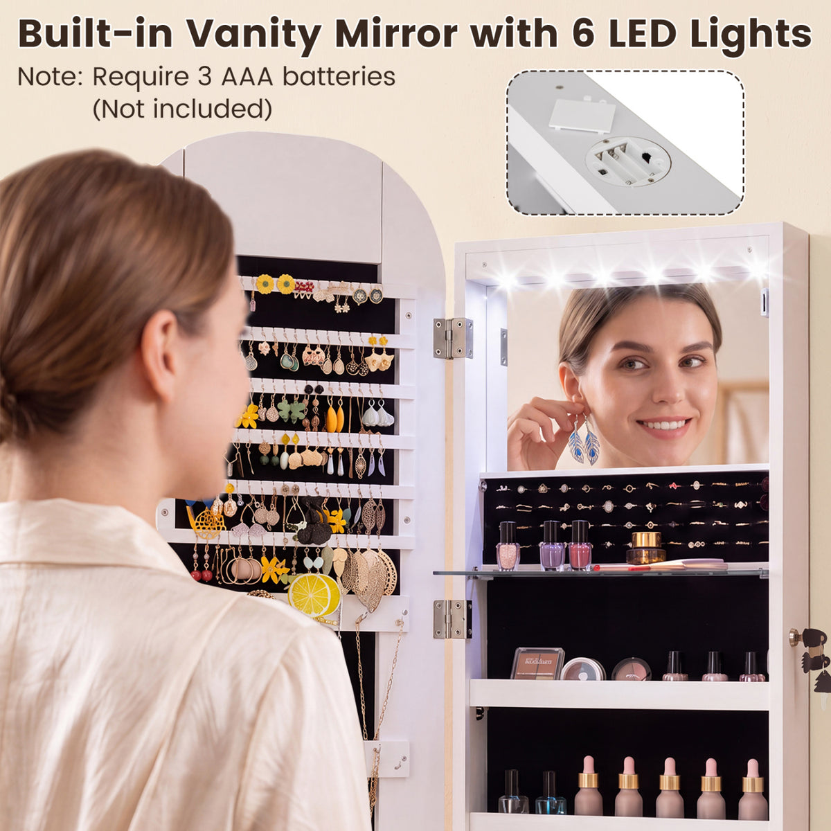 Wall and Door Mounted Mirror Jewelry Cabinet with 3-Color Adjustable Mirror, White