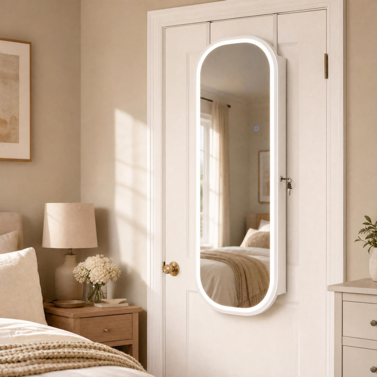 Wall and Door Mounted Mirror Jewelry Cabinet with 3-Color Adjustable Mirror, White