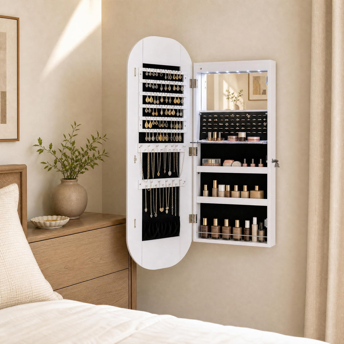 Wall and Door Mounted Mirror Jewelry Cabinet with 3-Color Adjustable Mirror, White