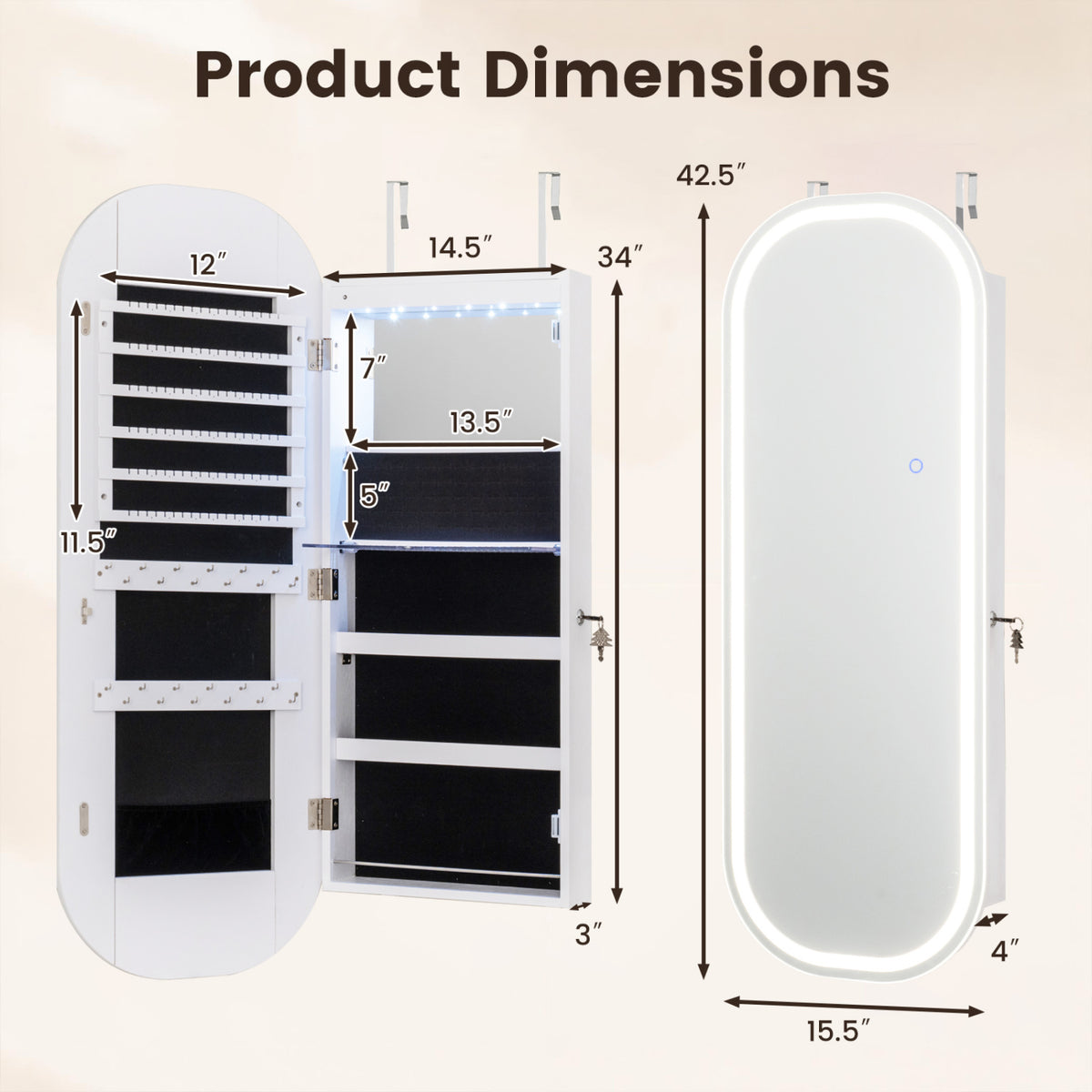 Wall and Door Mounted Mirror Jewelry Cabinet with 3-Color Adjustable Mirror, White