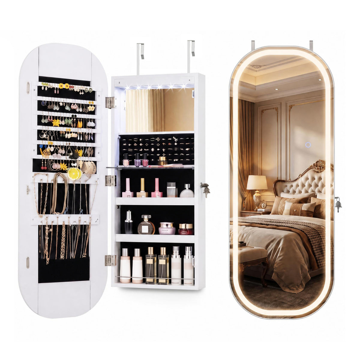Wall and Door Mounted Mirror Jewelry Cabinet with 3-Color Adjustable Mirror, White
