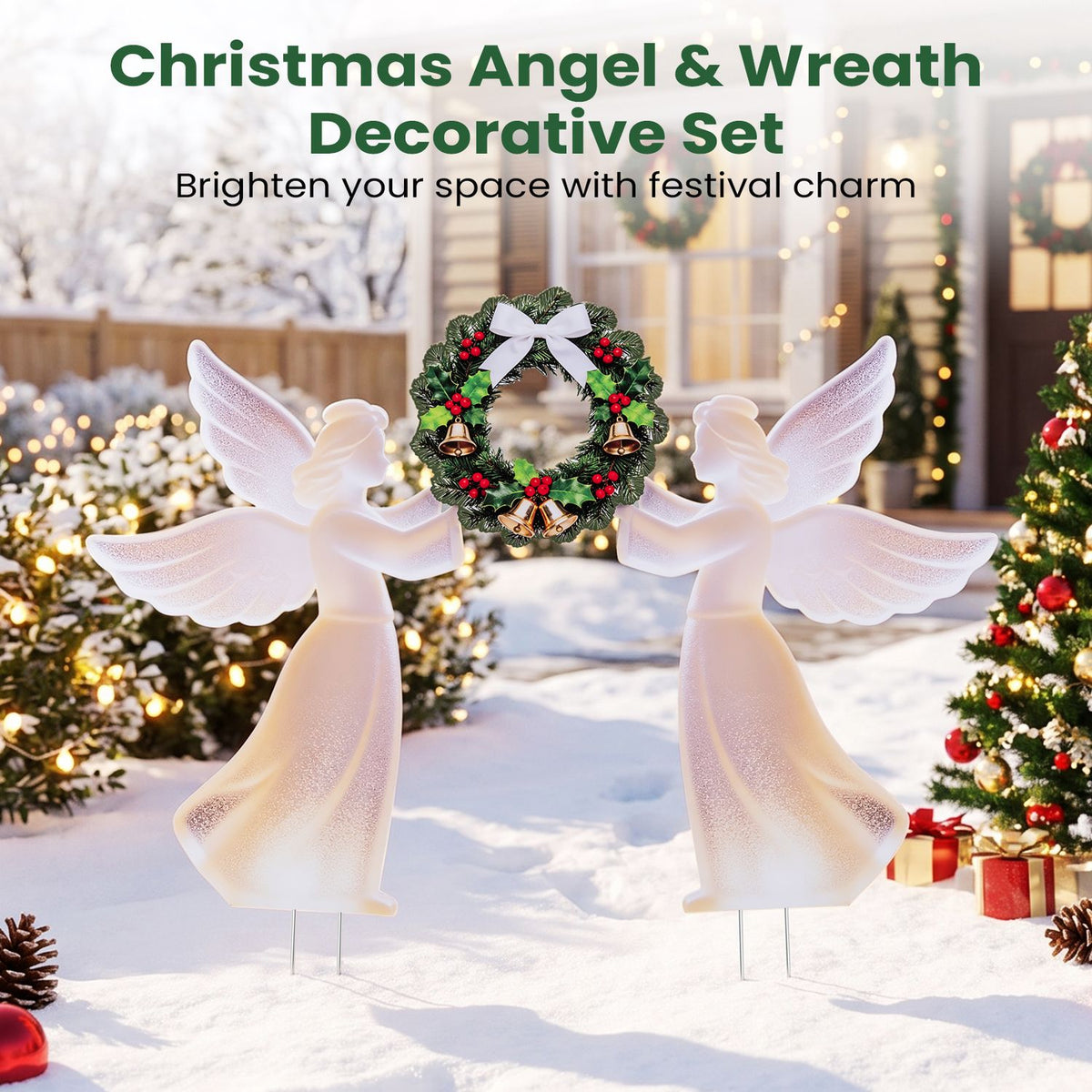 Weather-Resistant PVC Christmas Angel Decoration and Wreath Decorative Set, Pink