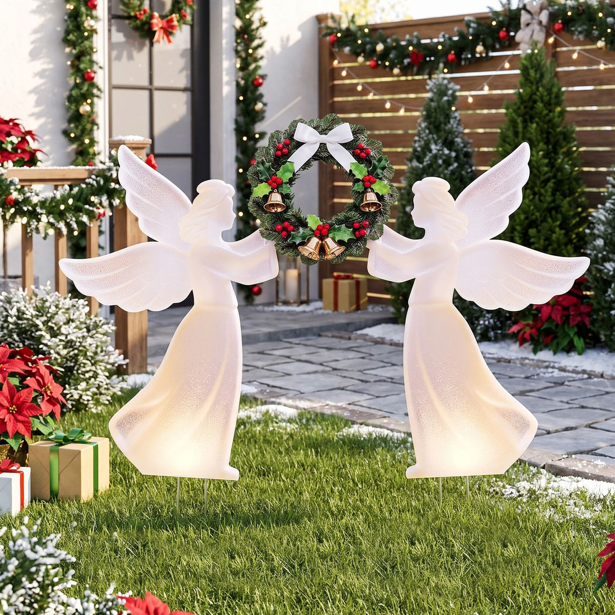 Weather-Resistant PVC Christmas Angel Decoration and Wreath Decorative Set, Pink
