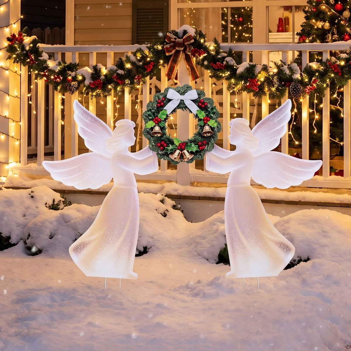 Weather-Resistant PVC Christmas Angel Decoration and Wreath Decorative Set, Pink