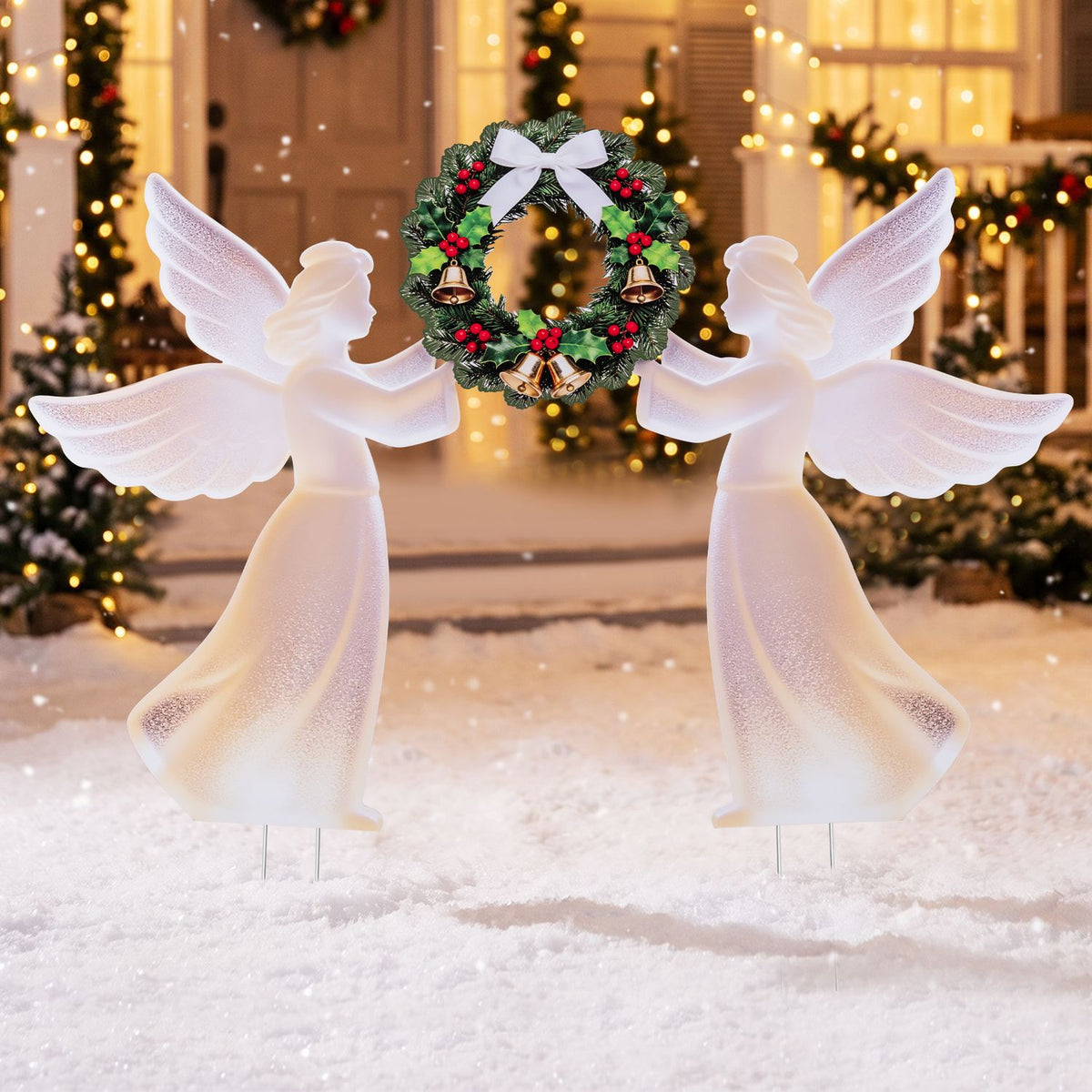 Weather-Resistant PVC Christmas Angel Decoration and Wreath Decorative Set, Pink