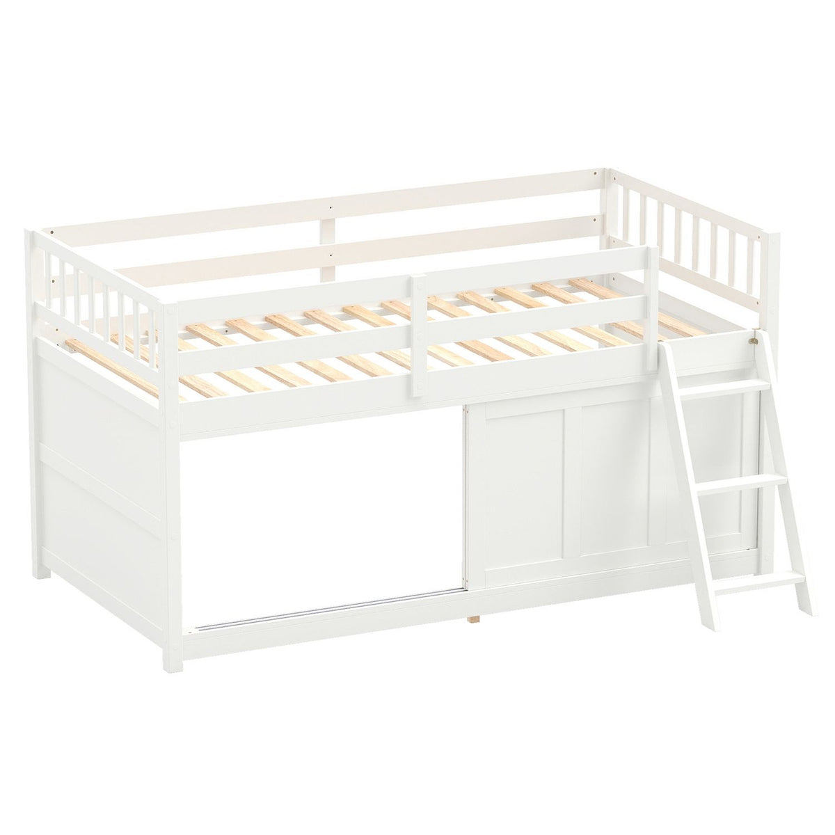 White loft bed with exposed wooden mattress slats, guardrails, a front panel, and an angled ladder.