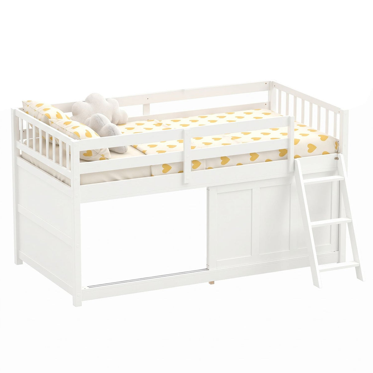 White loft bed dressed with yellow-patterned bedding and pillows, with guardrails and an angled ladder.