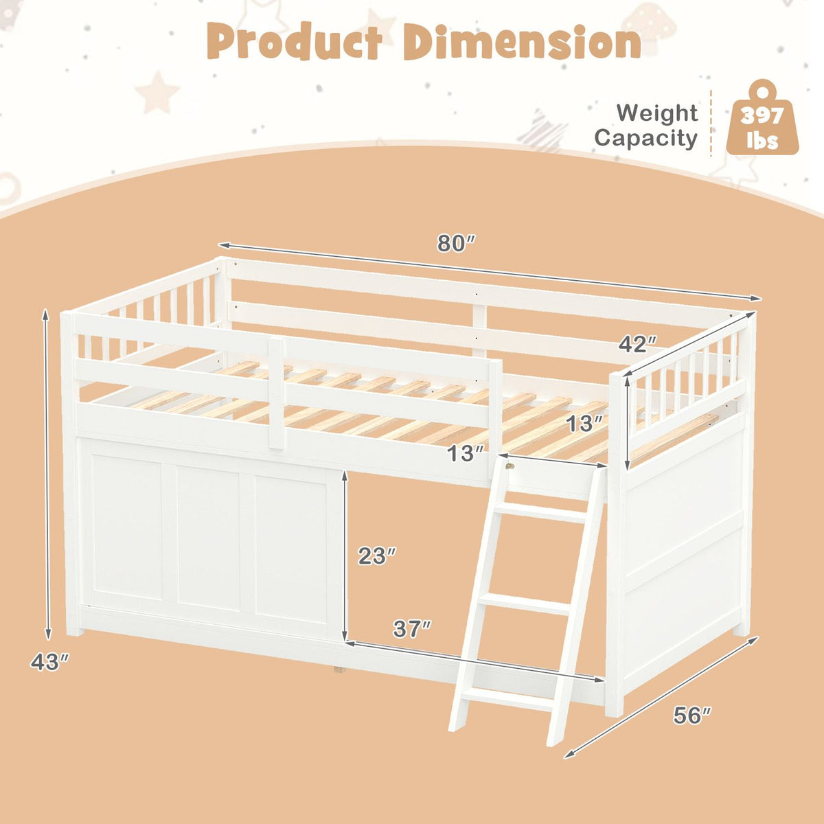 White loft bed shown at an angle with a ladder, guardrails, and sliding storage doors, alongside measurement lines.