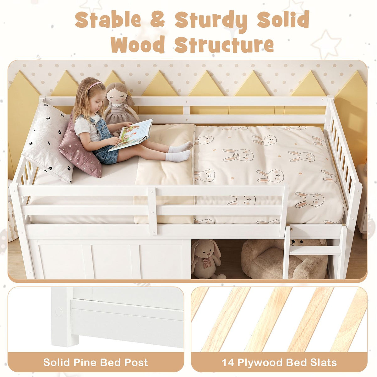 A child reads on a white loft bed above an open storage cubby, with close-ups of the bed post and wooden slats below.