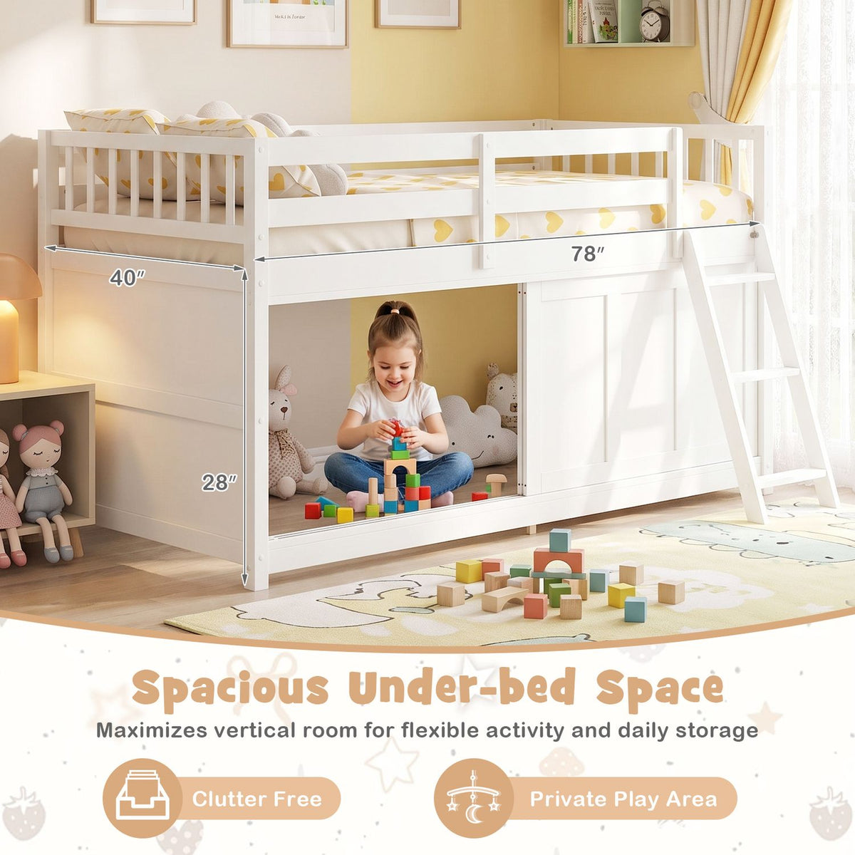 A child plays beneath a white loft bed with a ladder, guardrails, and a closed sliding cabinet door.