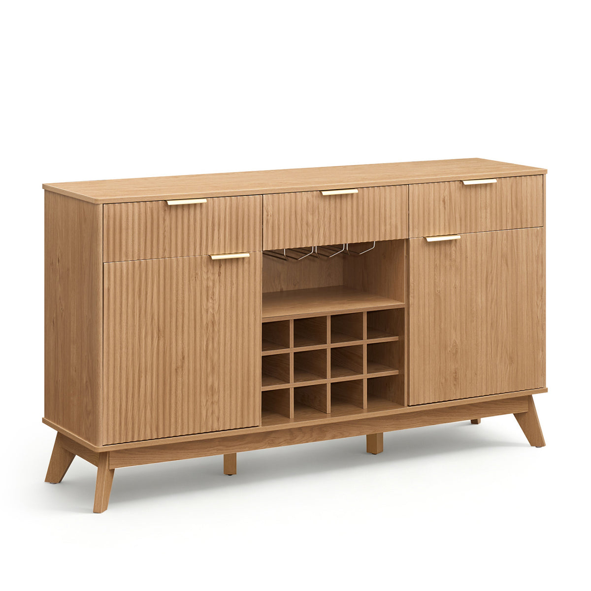 Empty fluted wood cabinet on a white background, with open wine cubbies and hanging glass racks.