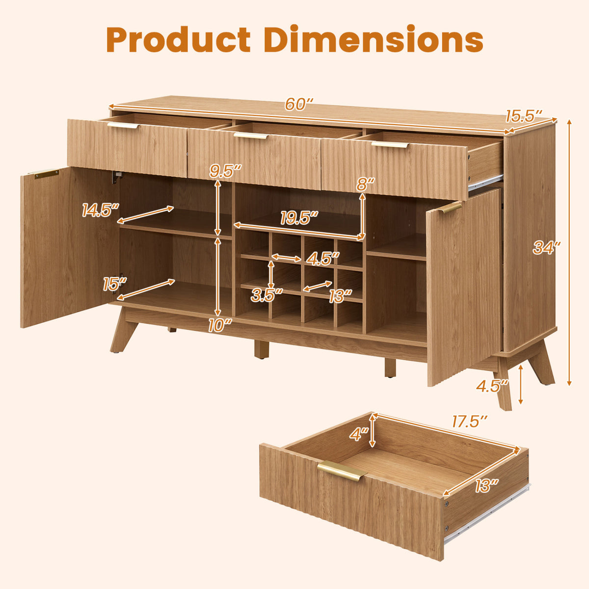 Wood-finish bar cabinet shown with its doors open and a separate drawer displayed below.