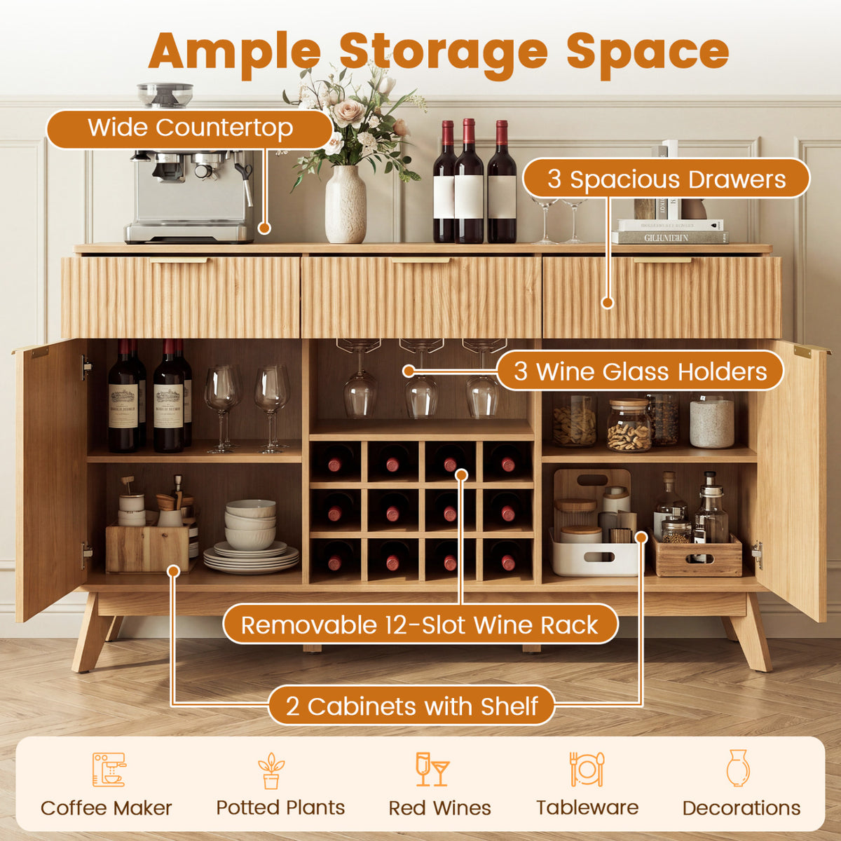 Open bar cabinet displays wine bottles, glasses, dishes, a central bottle rack, and storage compartments.