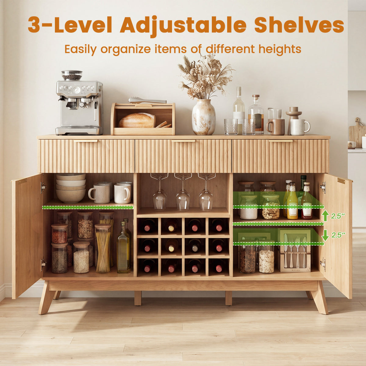 Open bar cabinet with dishes, jars, bottles, and glasses arranged across its shelves.