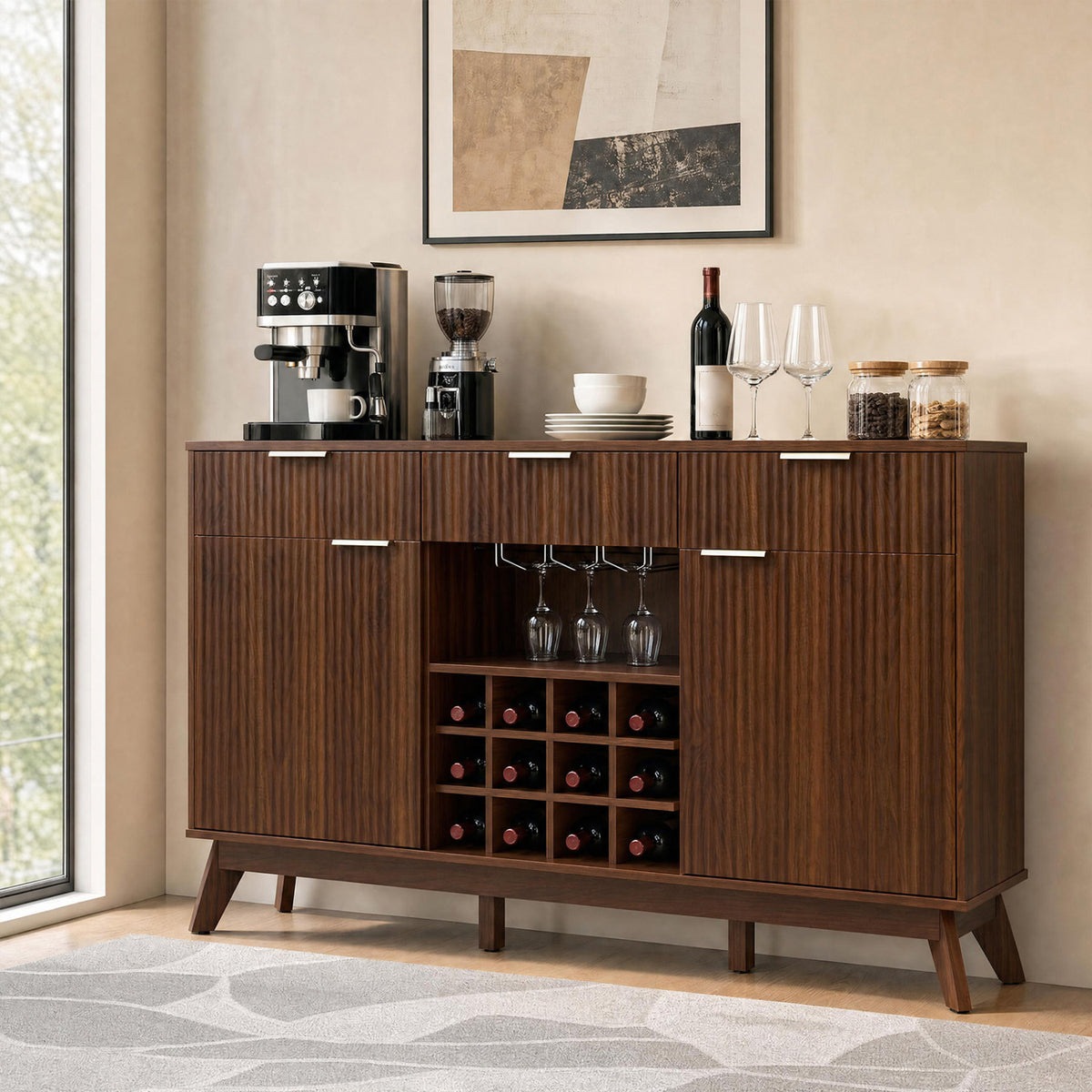 Dark wood bar cabinet with doors and center wine storage, styled with glasses and coffee accessories.