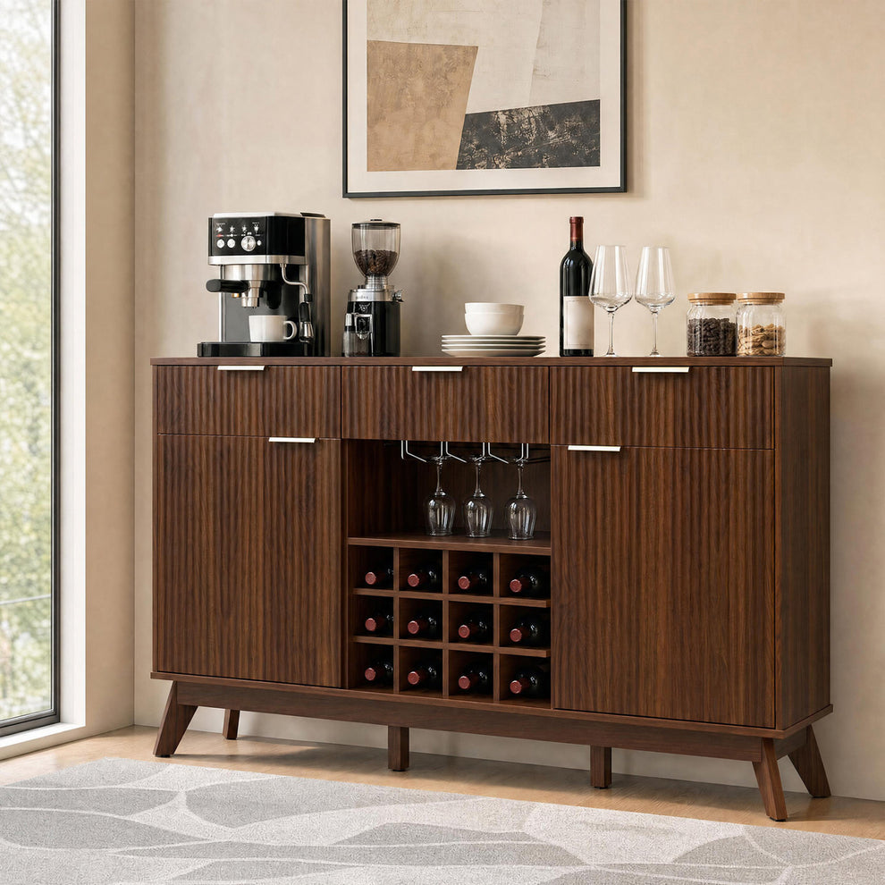 Dark wood bar cabinet with doors and center wine storage, styled with glasses and coffee accessories.