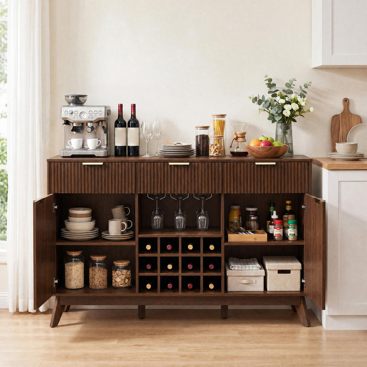 Bar cabinet with both doors open, showing shelves, hanging glasses, wine cubbies, and stored kitchen items.