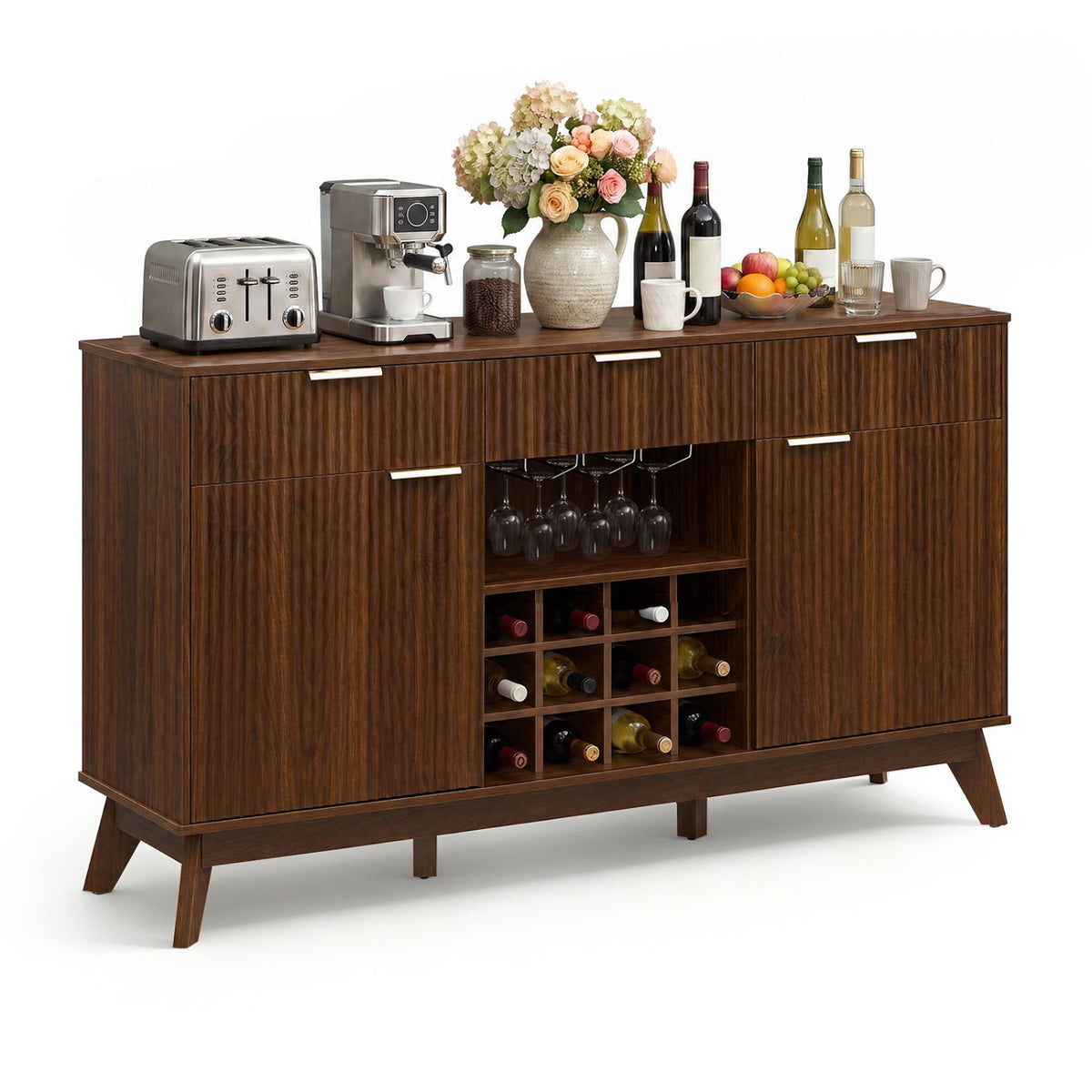 Dark wood bar cabinet against a white background, with wine cubbies and glasses hanging in the open center.