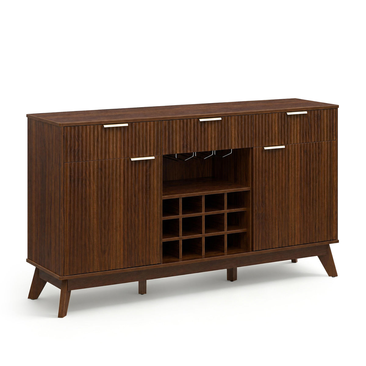 Empty dark wood bar cabinet with an open center shelf, hanging glass rack, and grid of wine cubbies.