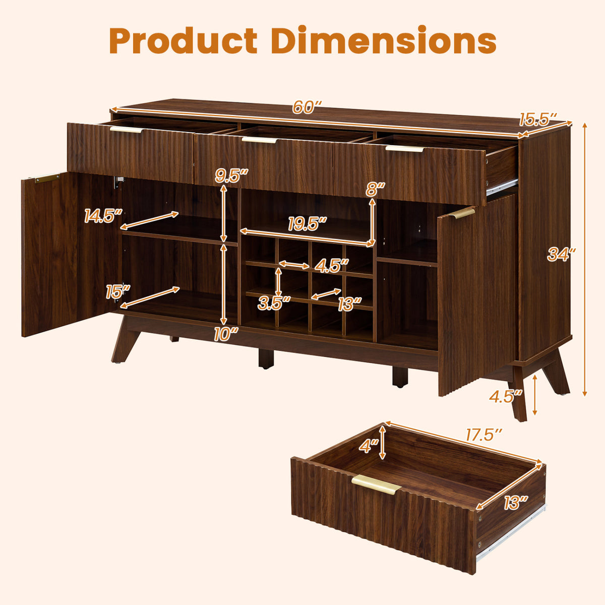 Dark wood bar cabinet shown with open doors and a detached drawer, overlaid with measurement arrows.