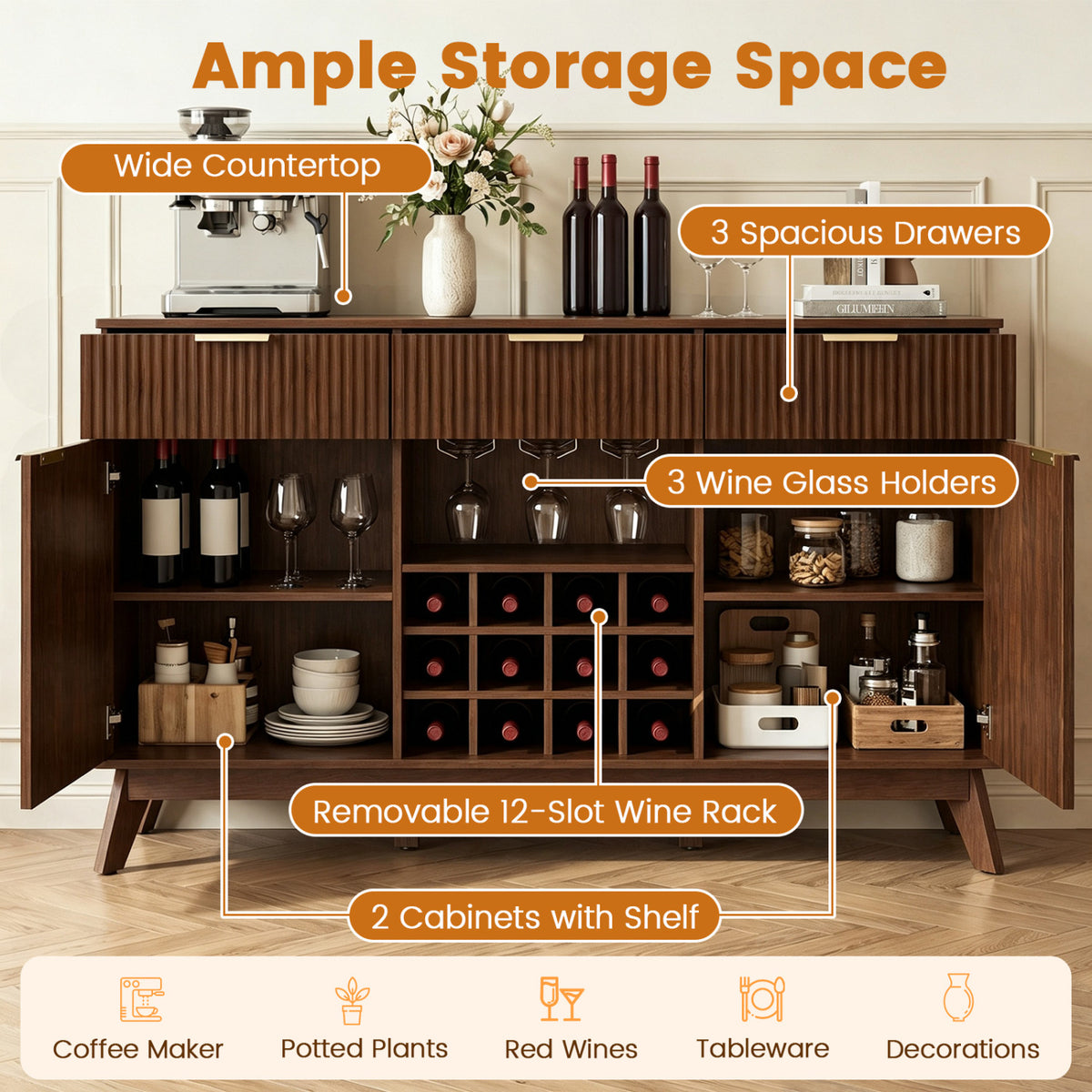 Open dark wood cabinet displays wine bottles, glasses, a bottle rack, dishes, and baskets on its shelves.