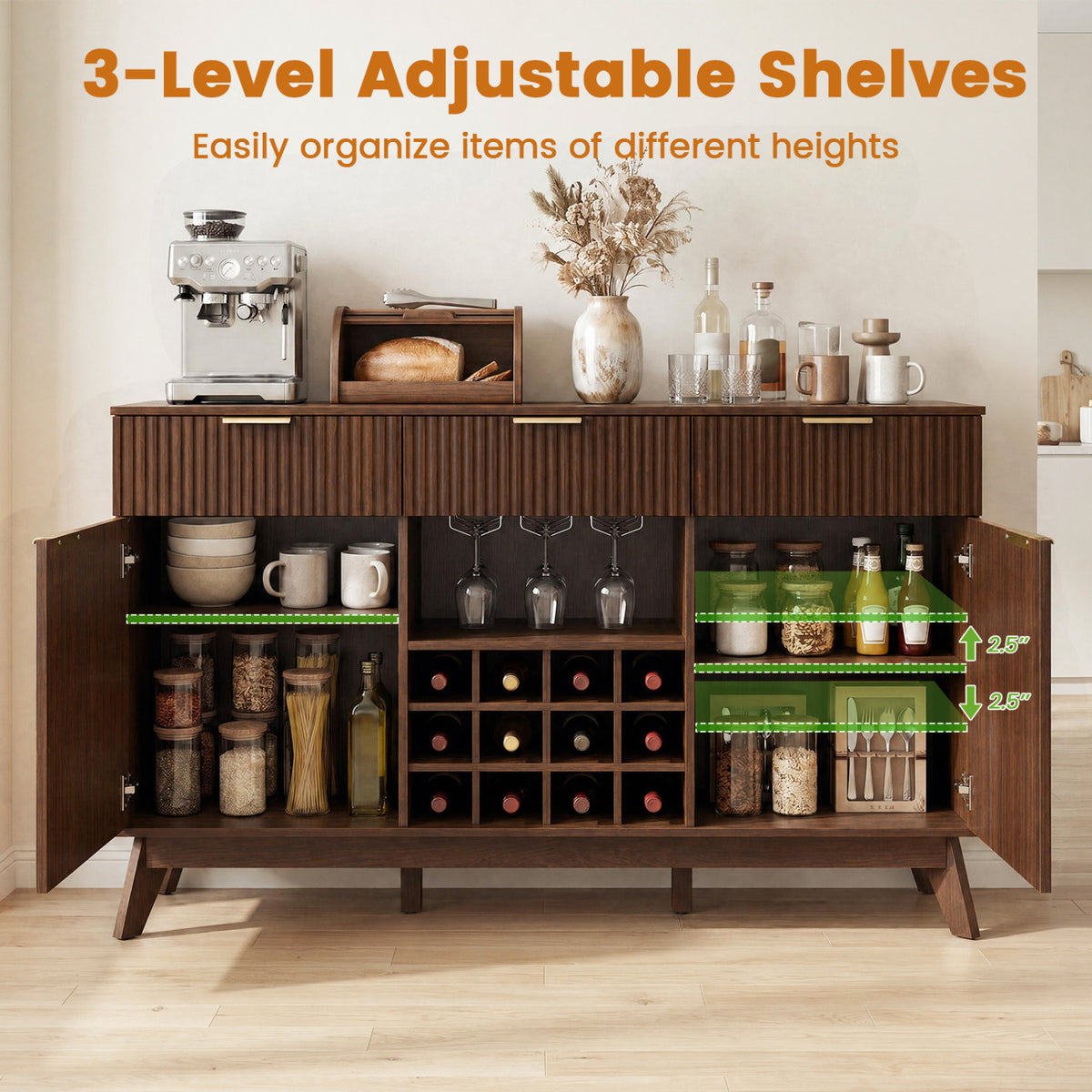 Open cabinet displays dishes, jars, glasses, and bottles across adjustable shelves, with green measurement guides.