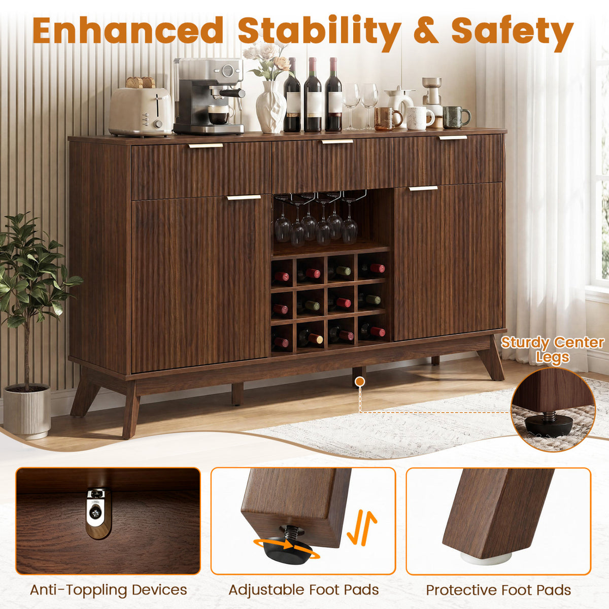 Closed dark wood cabinet stands in a bright room, with inset close-ups of its feet and an anti-tip fitting.