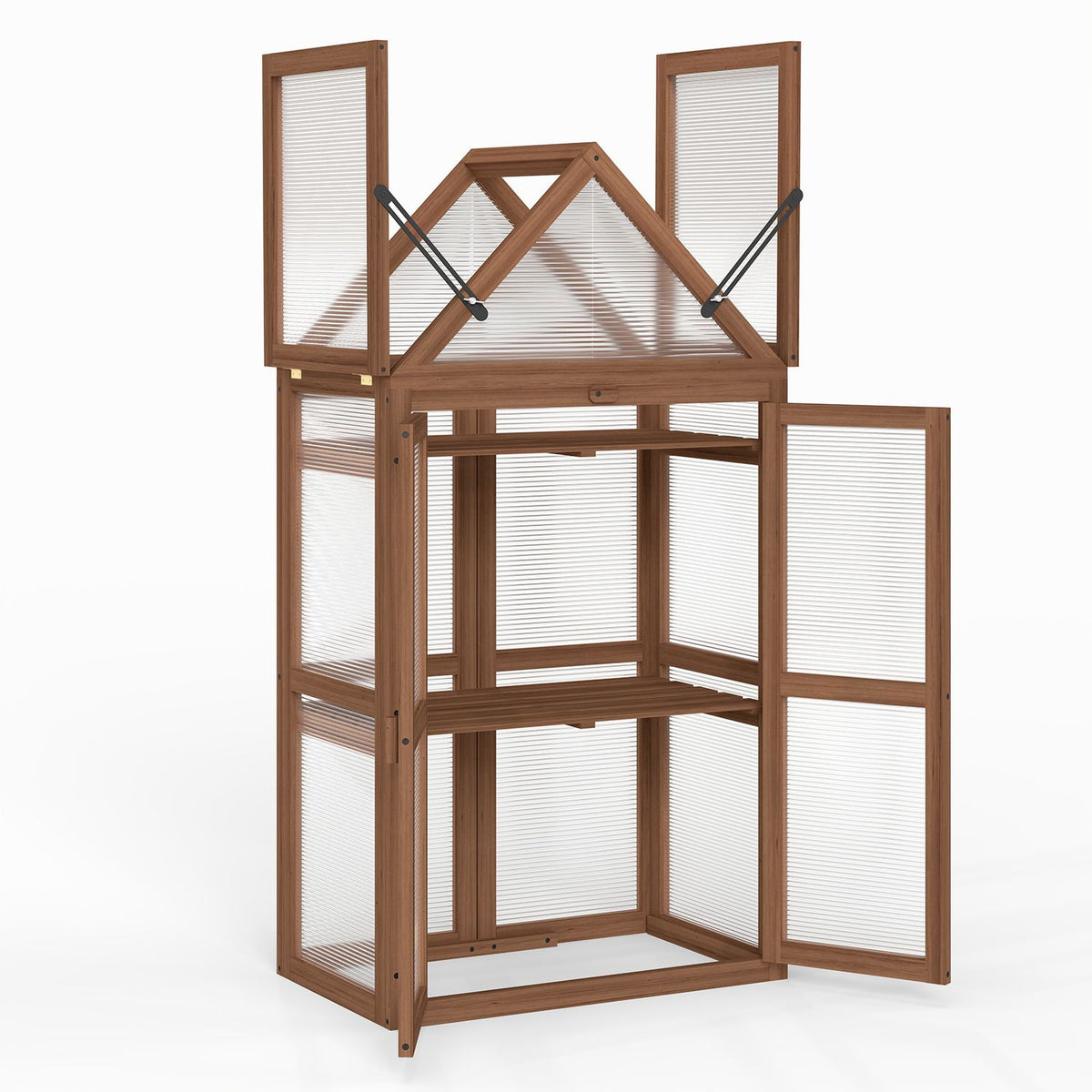 Wood-framed greenhouse with its doors and upper panels open, showing empty interior shelves.