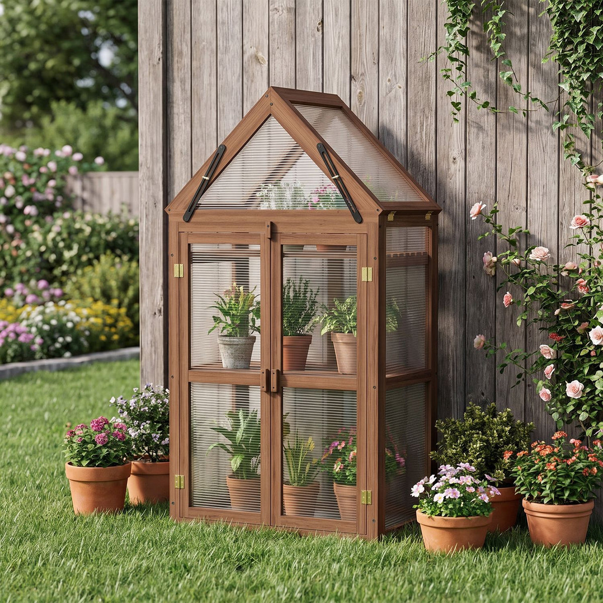 Wood-framed greenhouse with translucent panels and potted plants, standing among garden flowers beside a wooden fence.