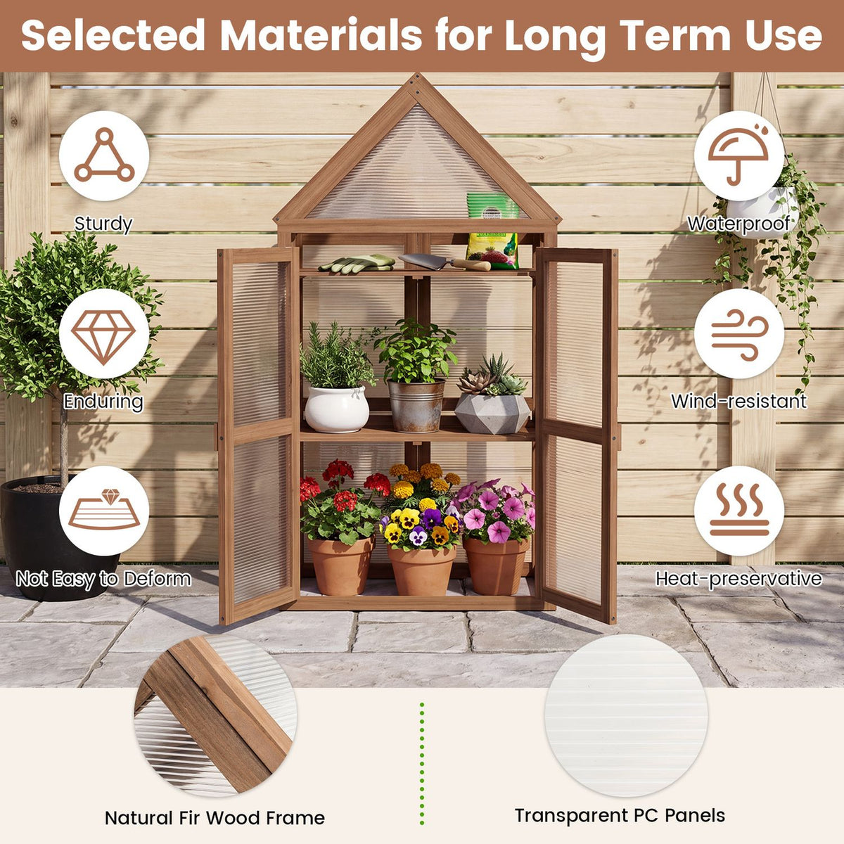 Open wooden greenhouse filled with plants, with close-ups of its frame and translucent panels below.