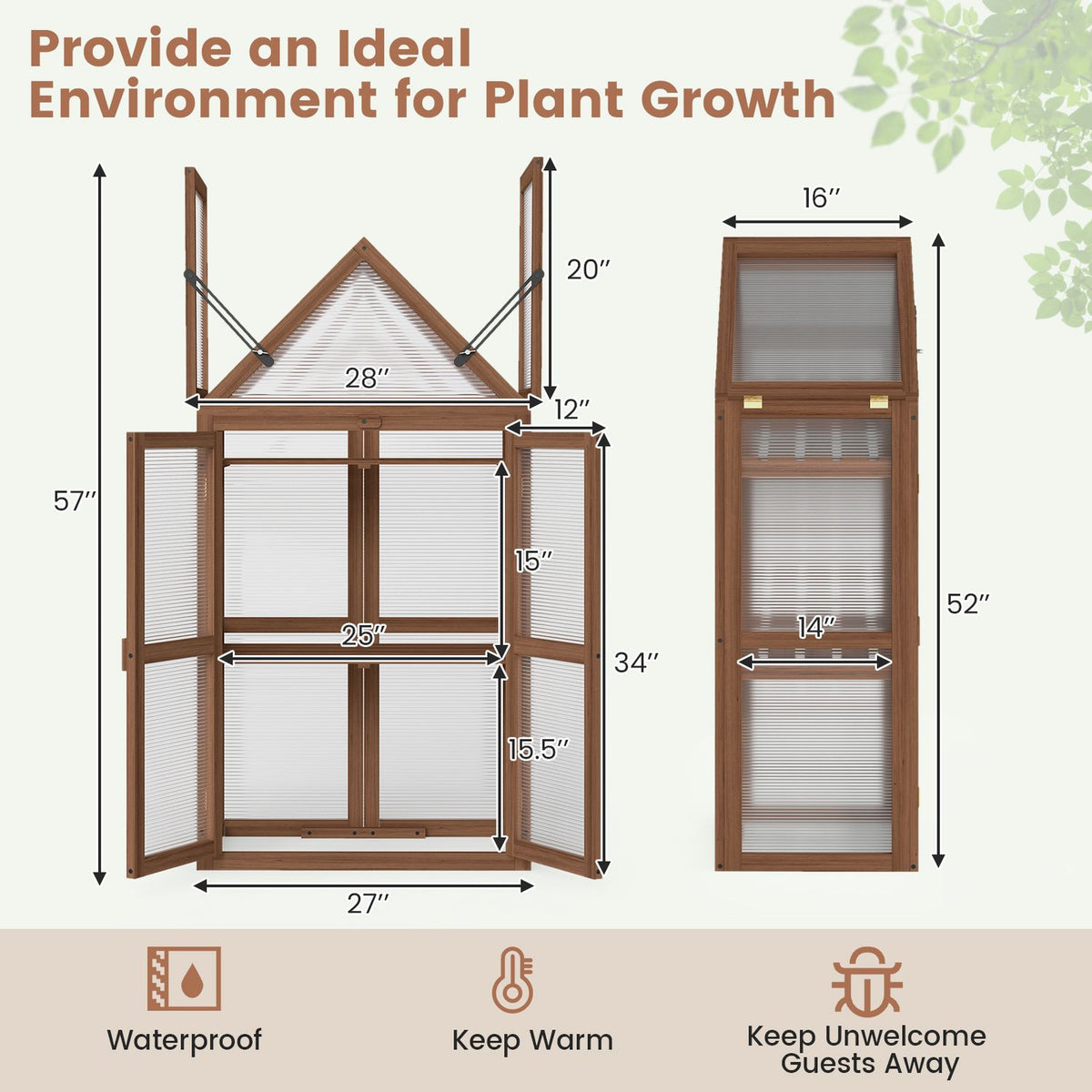 Front and side views of a wooden cold frame with open panels and labeled measurements.