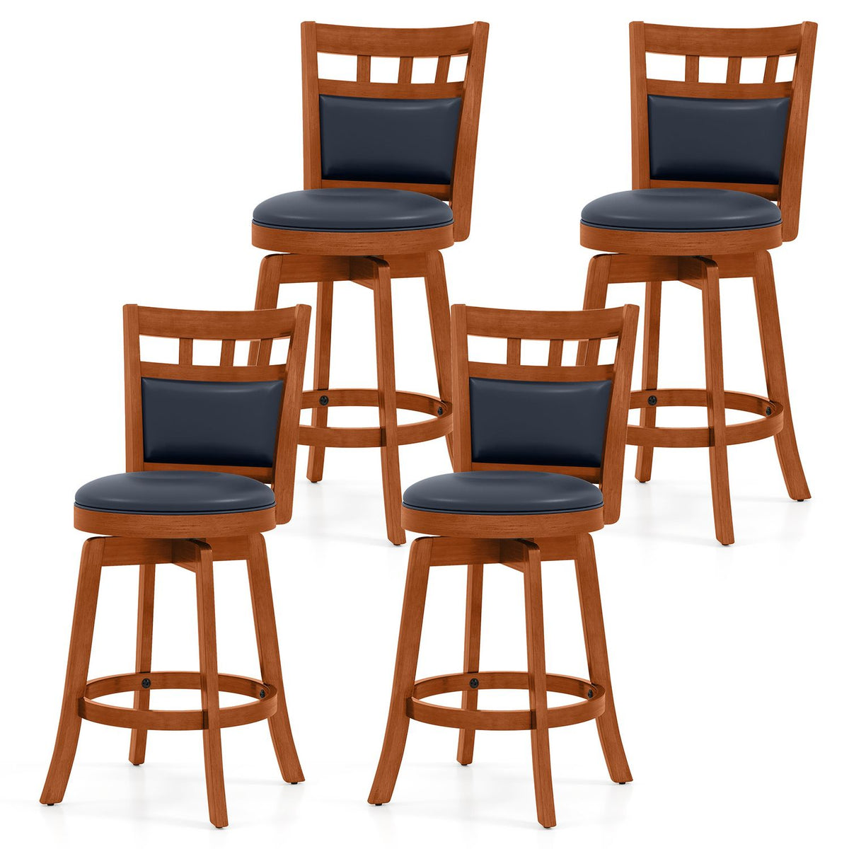Four matching wooden bar stools with dark padded seats and backs shown against a white background.