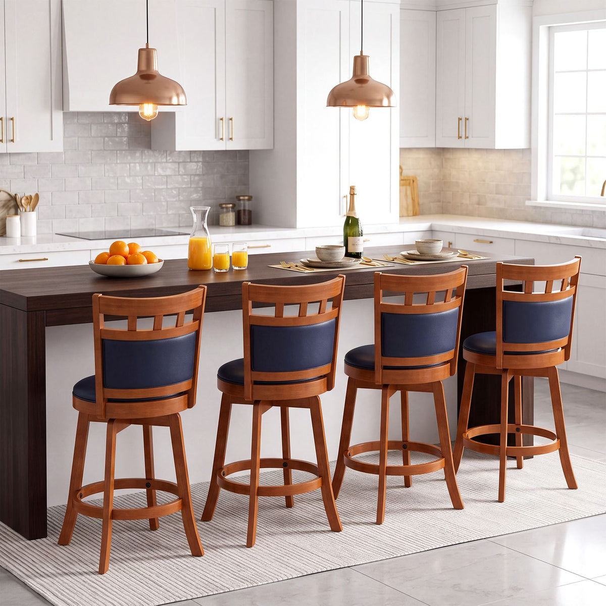 Four wooden bar stools with dark upholstered seats line a kitchen island.