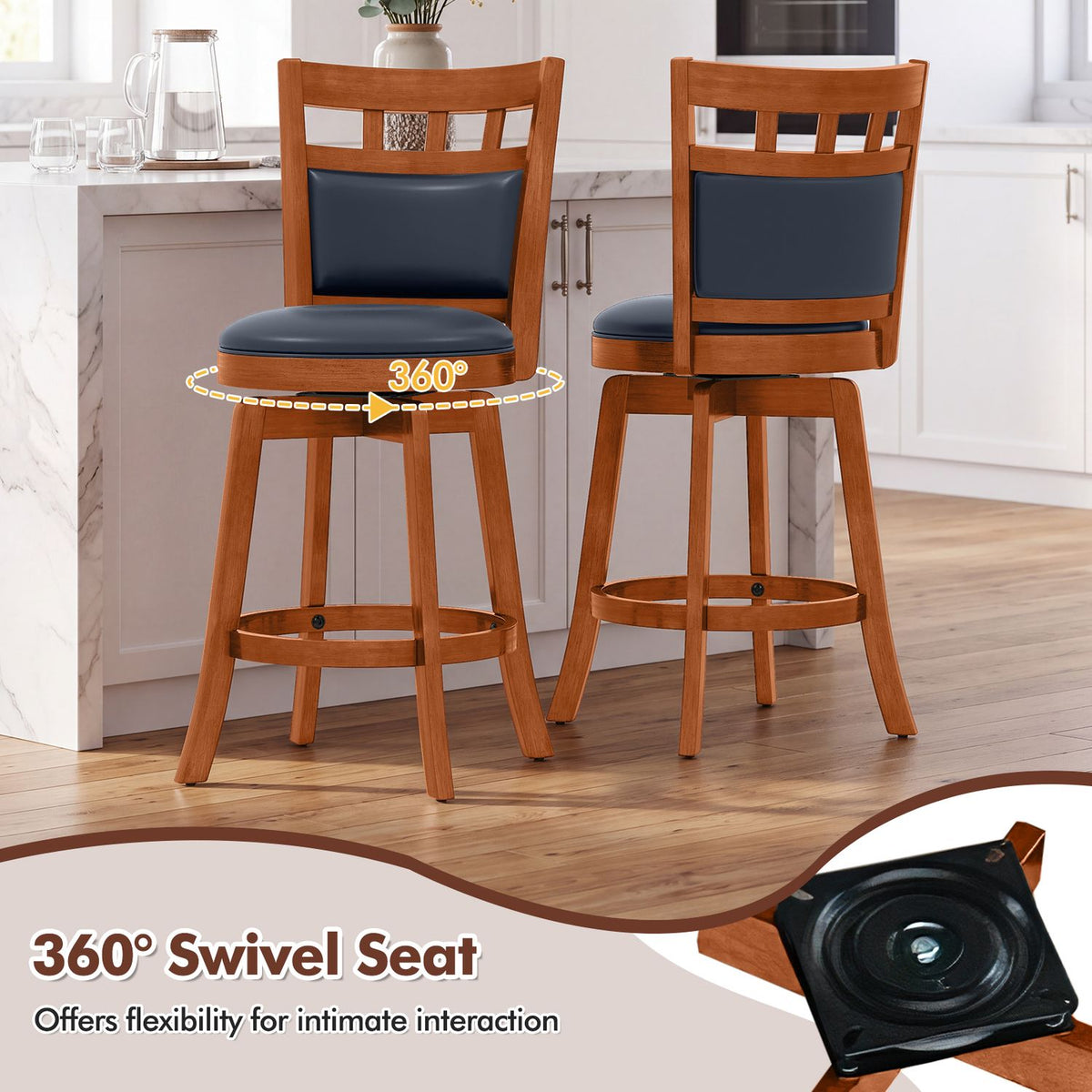 Two wooden bar stools are shown from different angles, with an inset of the seat swivel mechanism.