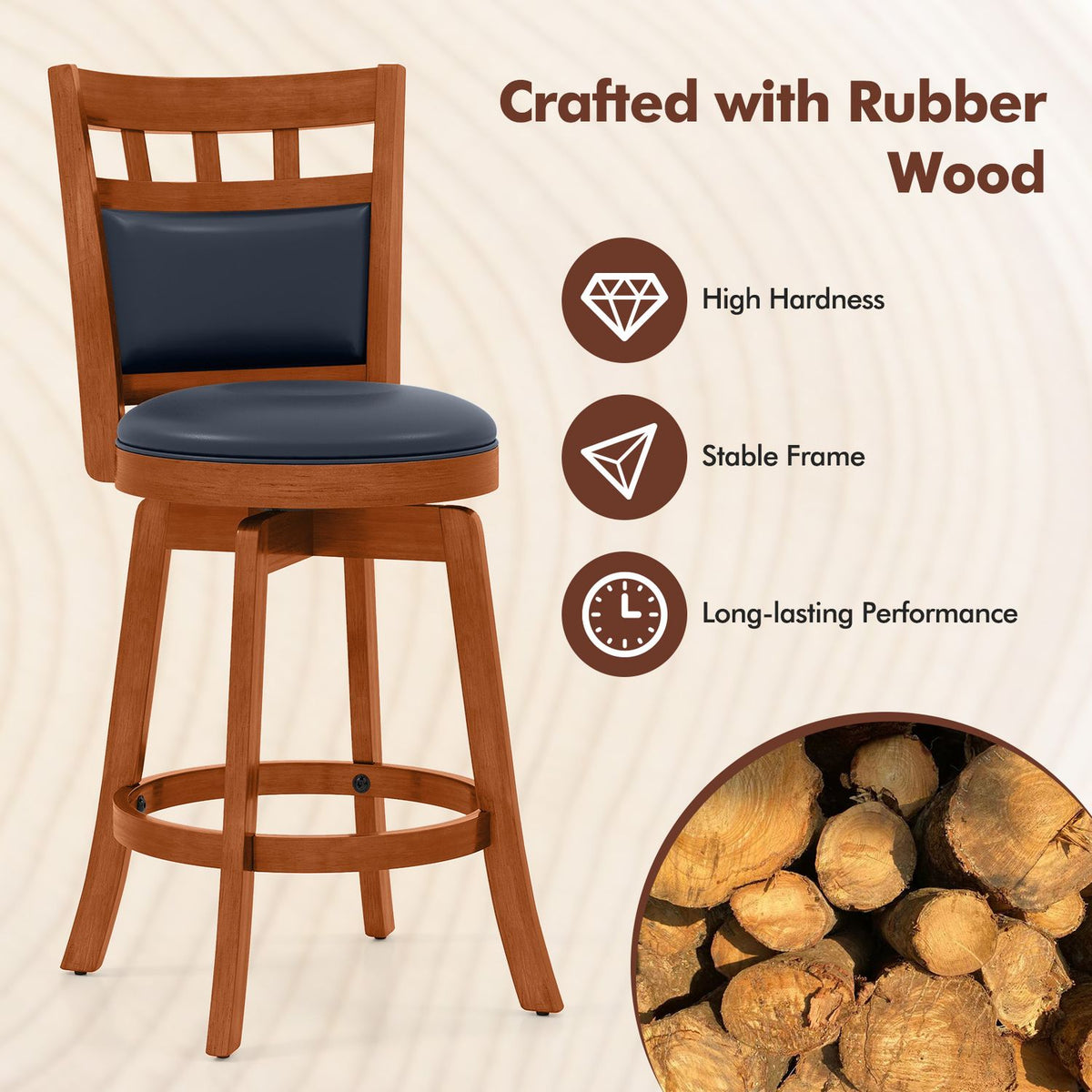 A wooden bar stool with a dark upholstered seat and back, beside a circular photo of cut logs.