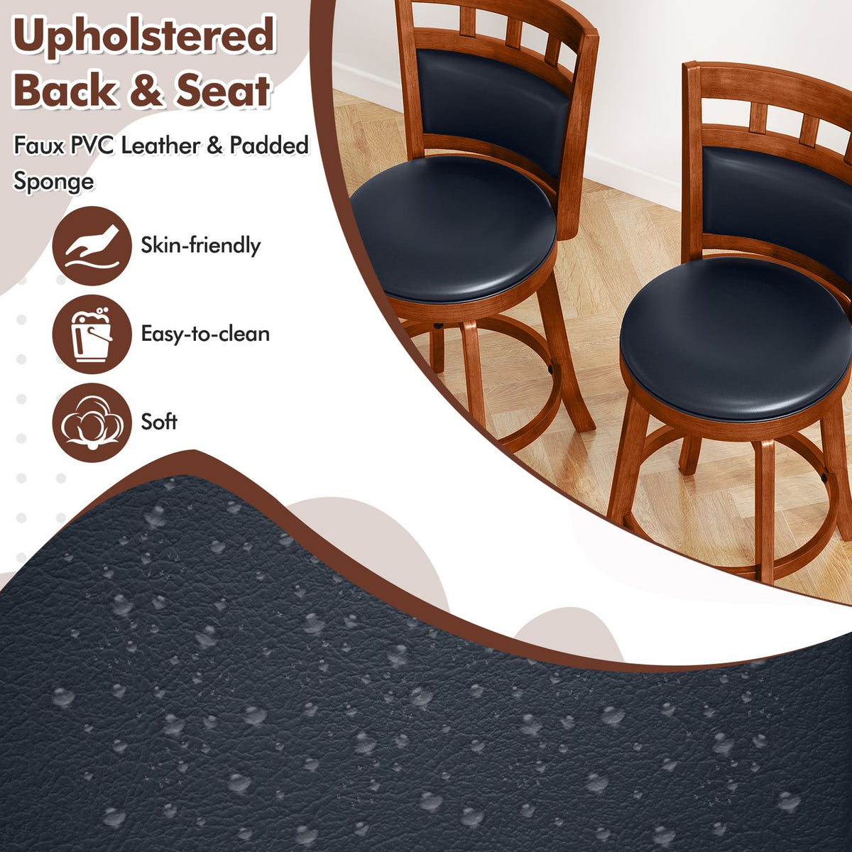 Two wooden stools with dark upholstered seats and backs, above a close-up of the textured upholstery.