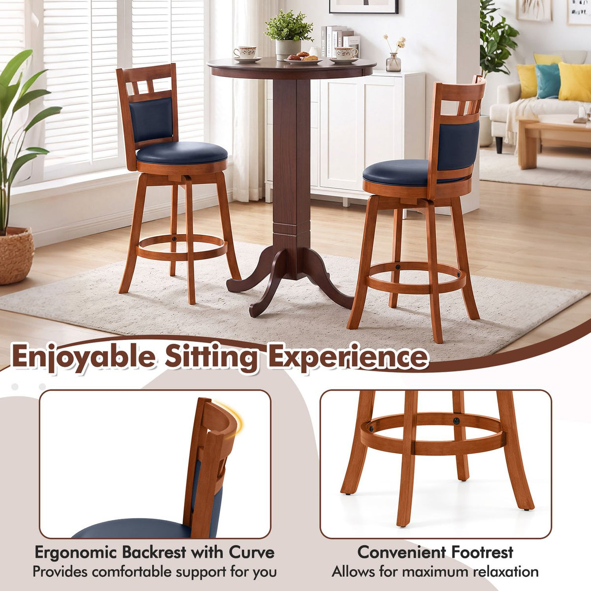 Two wooden stools with dark seats and backs sit beside a round table, with close-ups of the curved back and footrest.