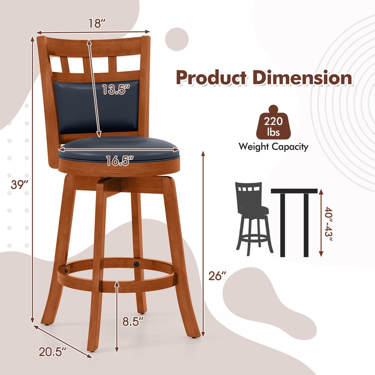 A wooden bar stool with a dark seat and back is surrounded by measurement arrows and labels.
