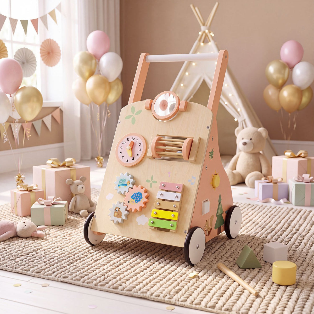Wooden activity walker displayed on a rug among balloons, gifts, toys, and a teddy bear.