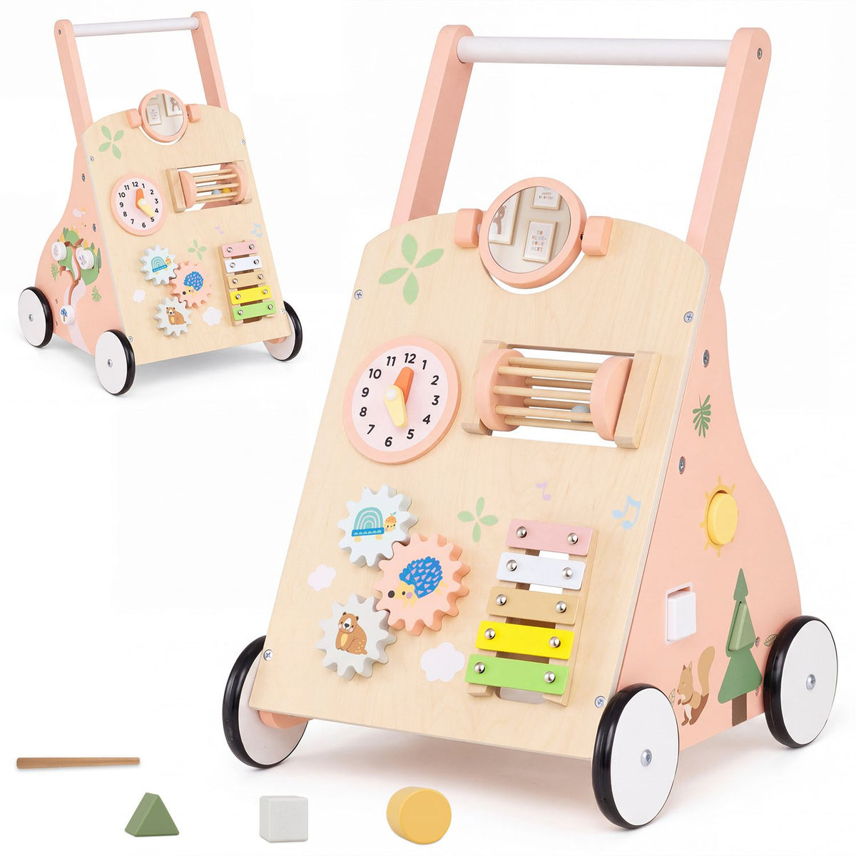 Angled view of the wooden walker with its activity panel, plus loose toy pieces and a smaller inset view.