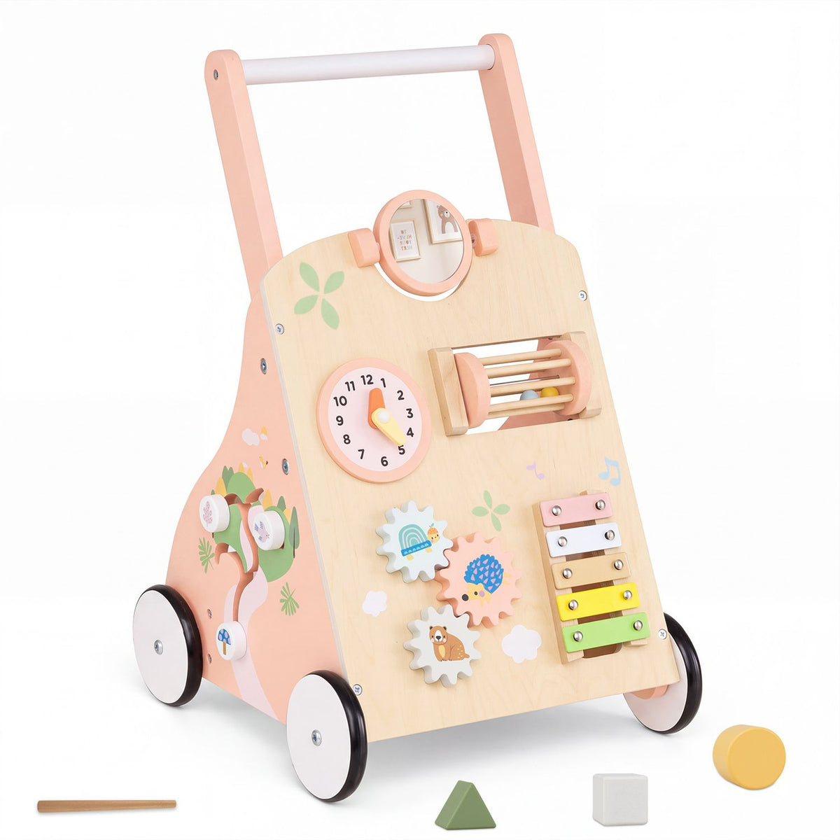 Close angled view of the walker’s activity panel and side, with three loose toy pieces below.