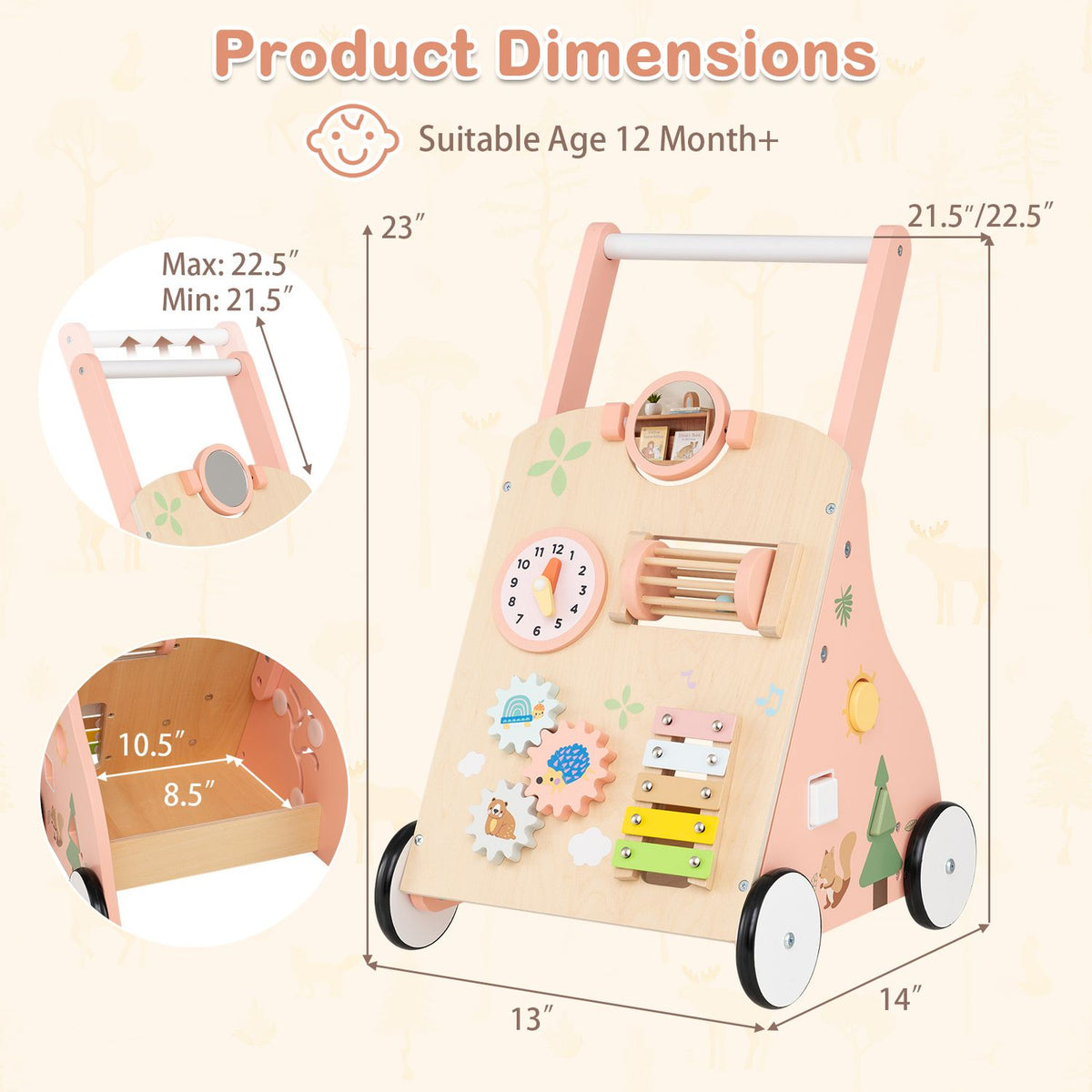 Pink wooden activity walker shown with measurement arrows and close-ups of the handle and interior storage area.