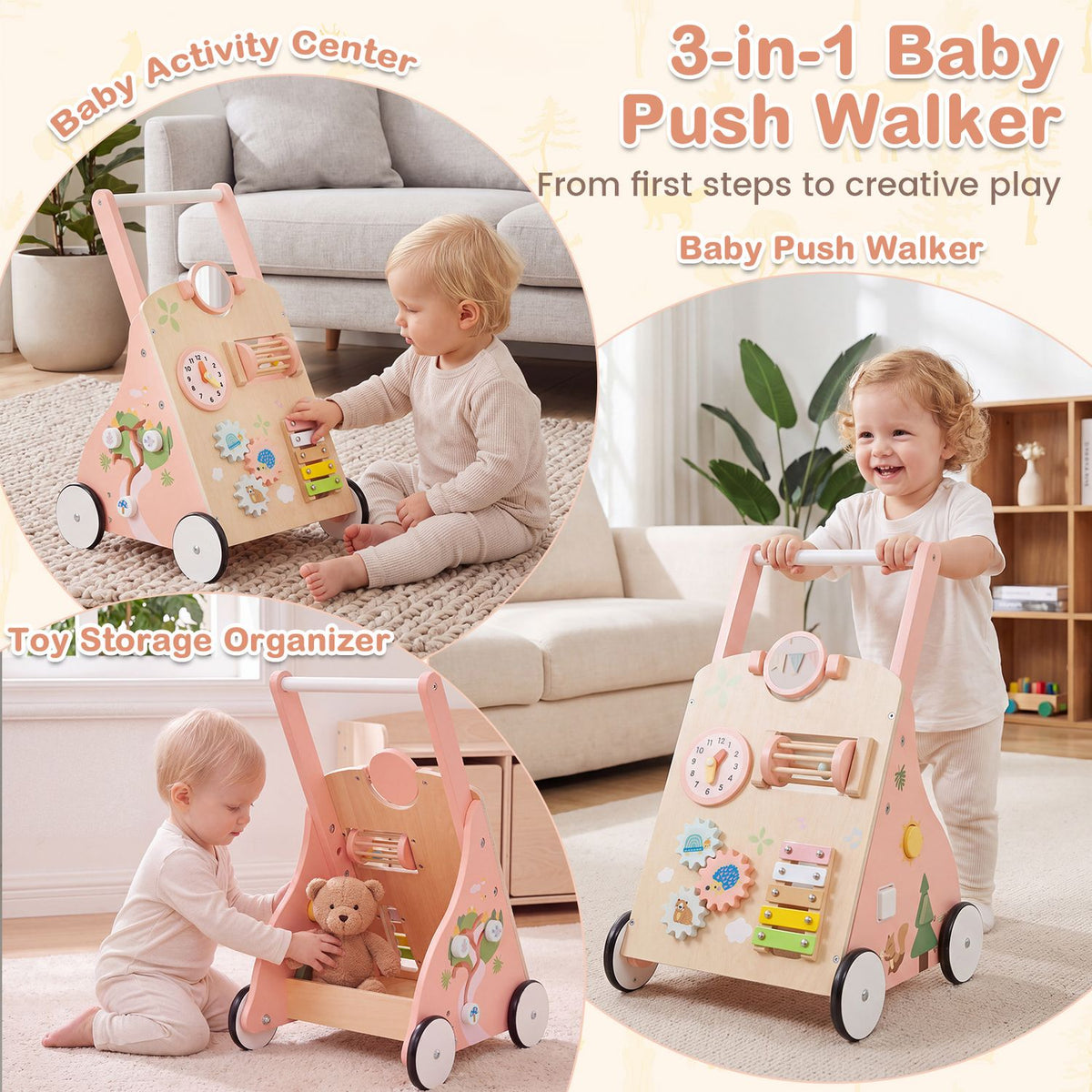 Children use the pink wooden walker for pushing, playing with its activity panel, and storing toys.