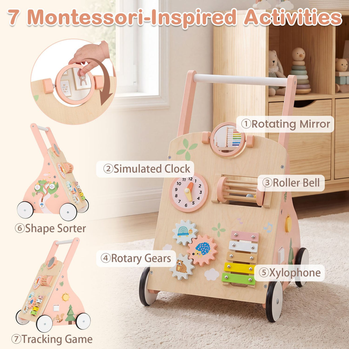 Pink wooden walker displayed with close-ups of its mirror, clock, roller, gears, xylophone, shape sorter, and tracking game.