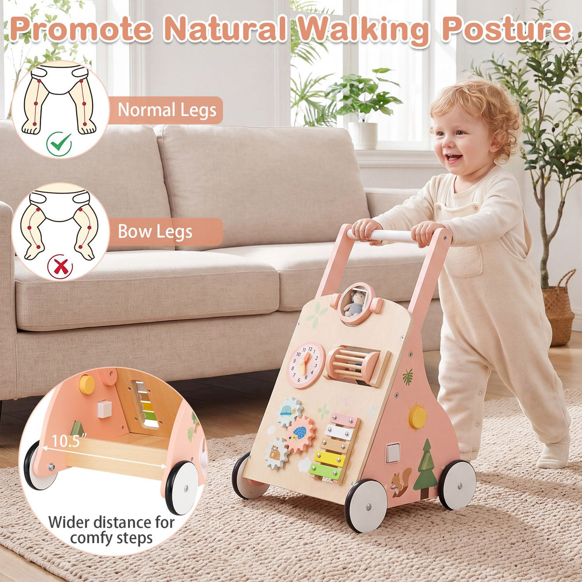 Smiling toddler pushes the pink walker beside a sofa, with leg-position illustrations and a close-up of the wide frame.