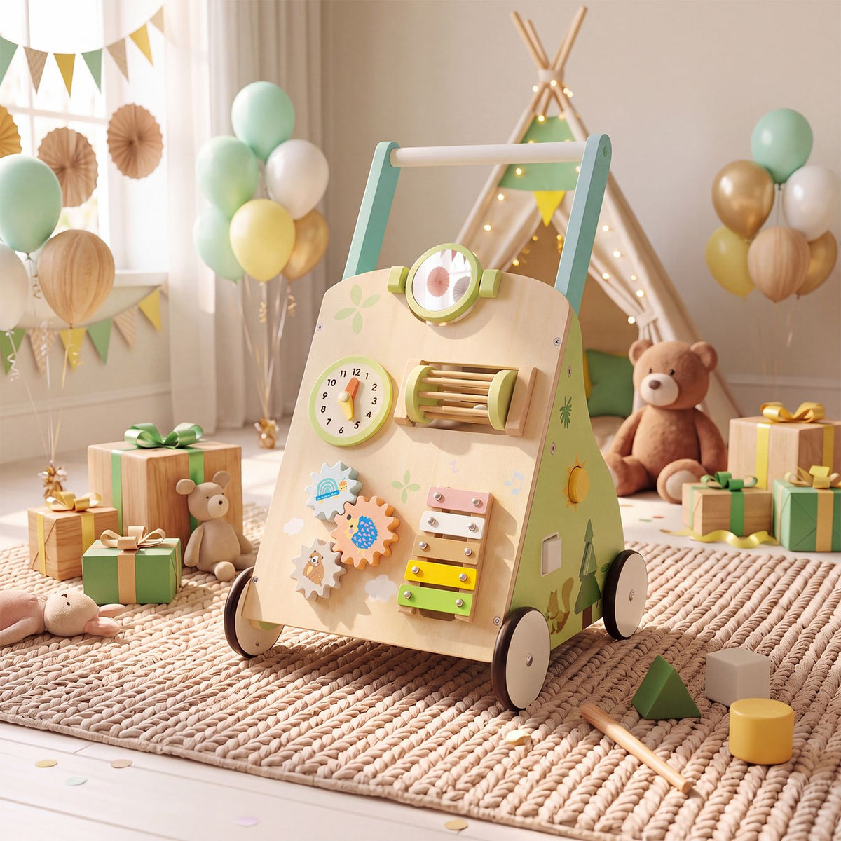 Wooden activity walker with colorful play panels stands on a rug among balloons, gifts and nursery decorations.