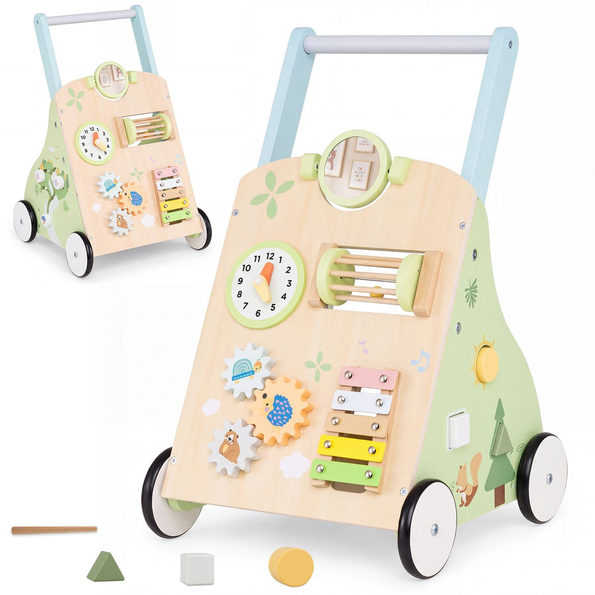 Walker shown on a white background with its activity panels, a smaller inset view and loose geometric pieces.