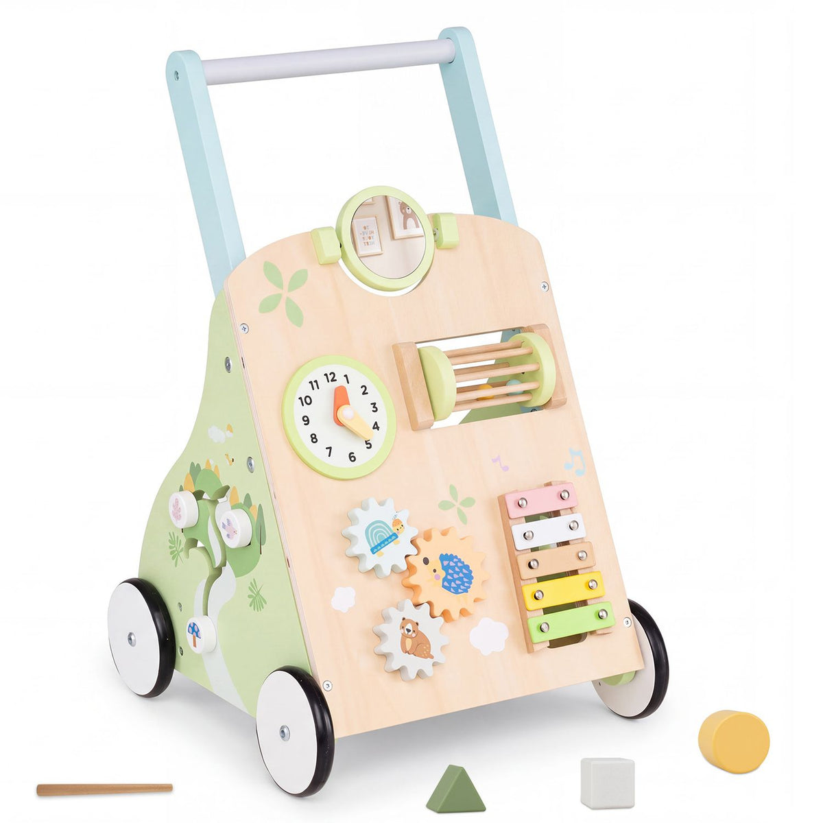 Angled view of the wooden walker showing its side activity panel, wheels and loose geometric pieces.