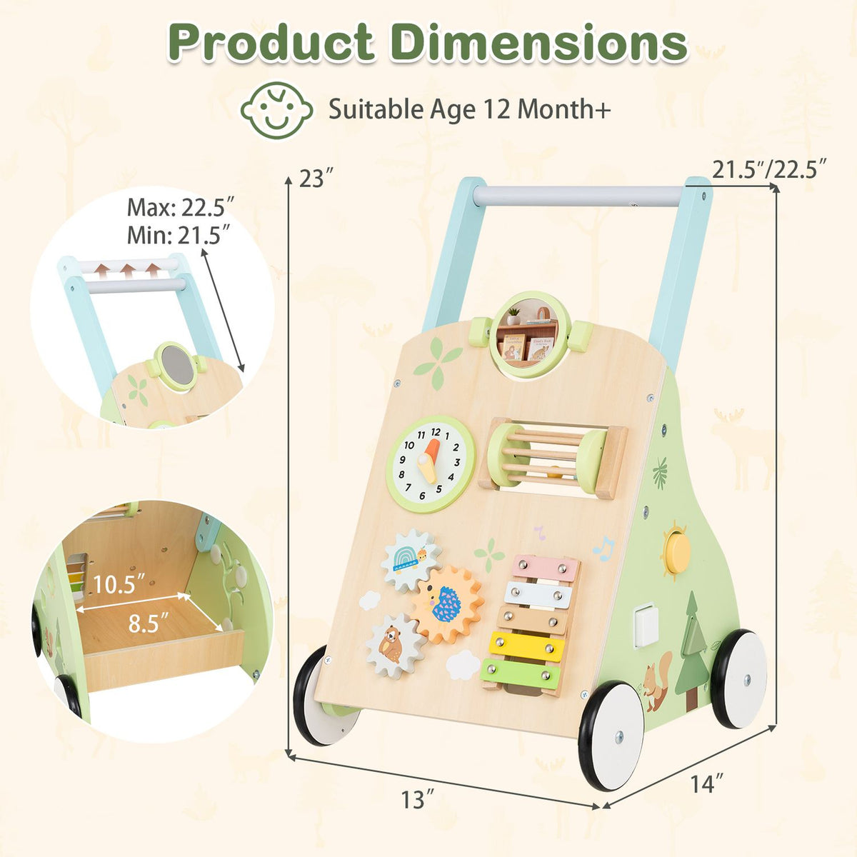 Illustrated wooden activity walker with mint-green handles and wheels, shown with close-ups of its frame and base.
