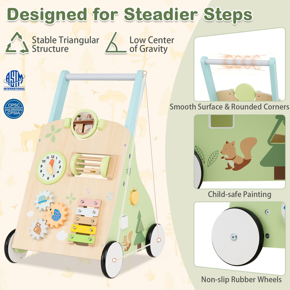 Wooden activity walker beside close-ups of its rounded handle, painted side panel, and white wheels.
